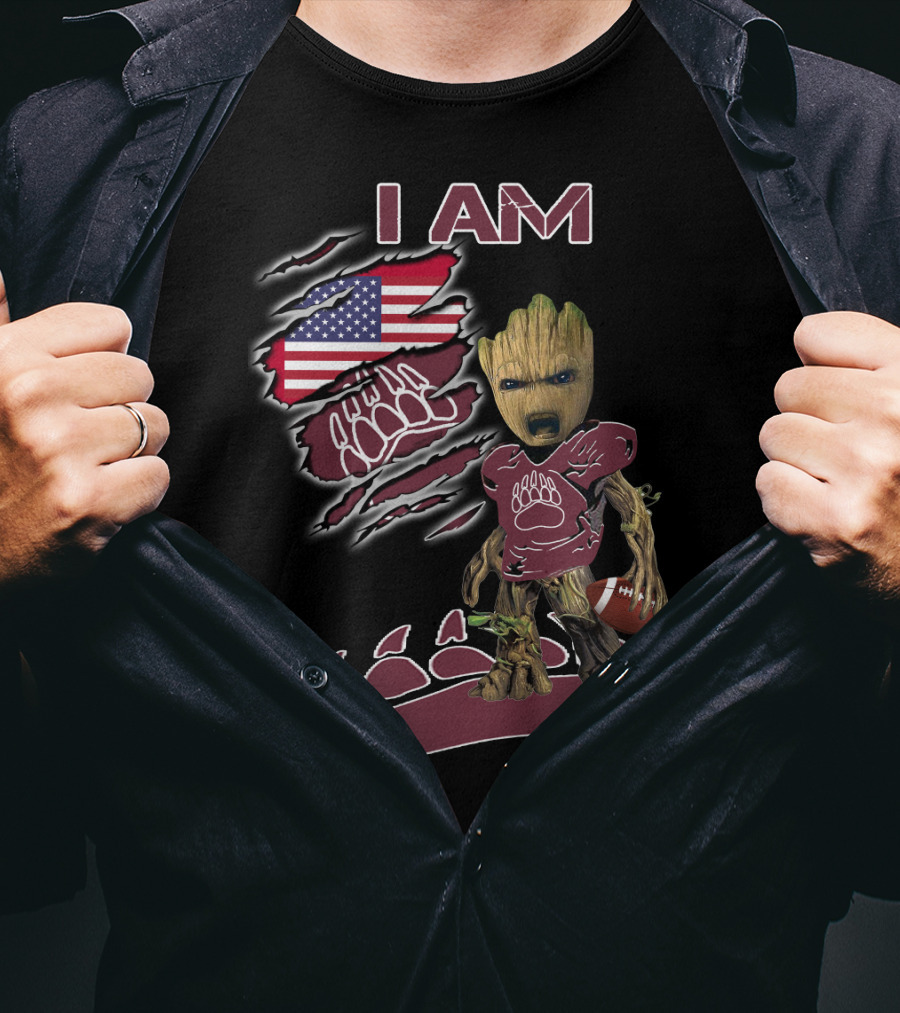 I AM American Flag Football Baby Groot Bear Paw T-Shirt