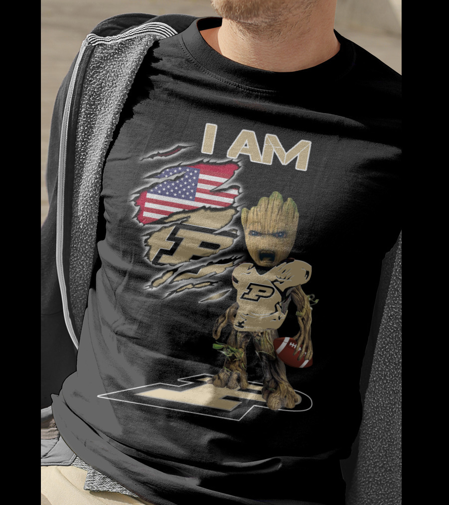 I Am Purdue Baby Groot American Flag Purdue Football T-Shirt