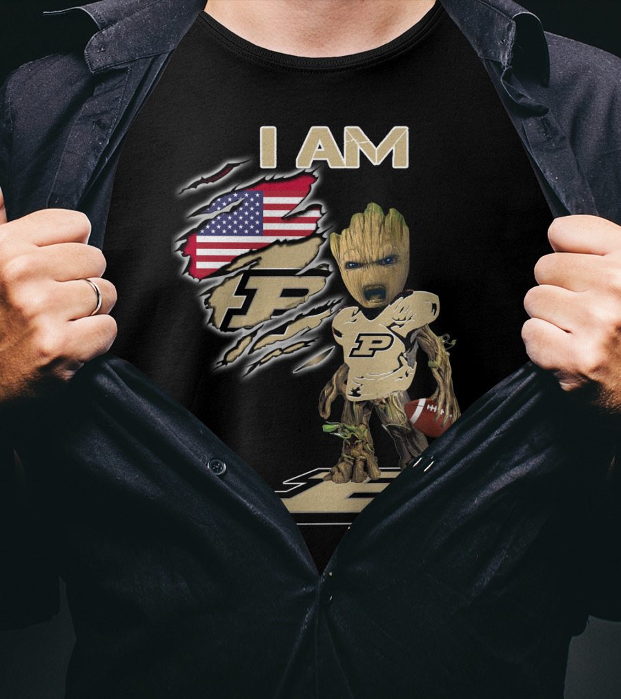 I Am Purdue Baby Groot American Flag Purdue Football T-Shirt