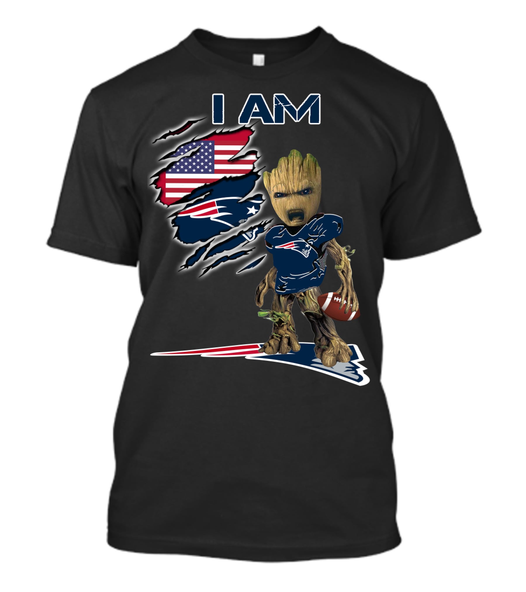 I AM Patriots Baby Groot American Flag Football T-Shirt