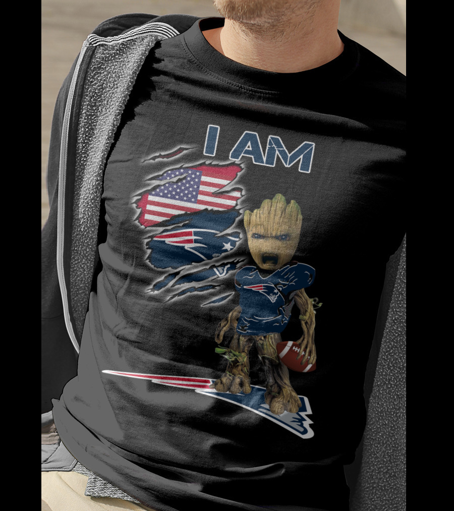 I AM Patriots Baby Groot American Flag Football T-Shirt
