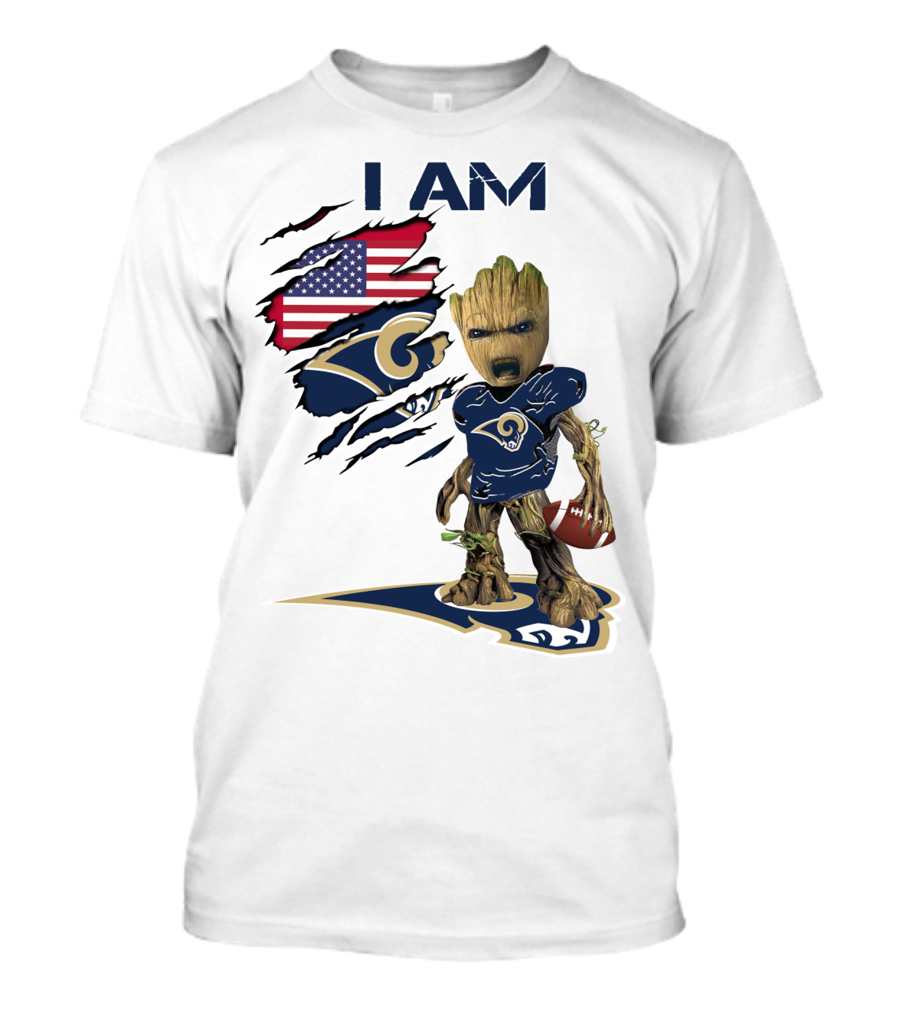 I AM Rams Baby Groot Football USA Flag T-Shirt