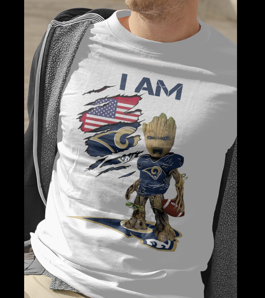 I AM Rams Baby Groot Football USA Flag T-Shirt