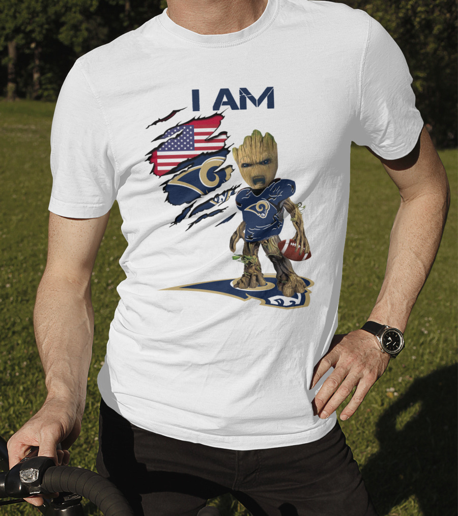 I AM Rams Baby Groot Football USA Flag T-Shirt
