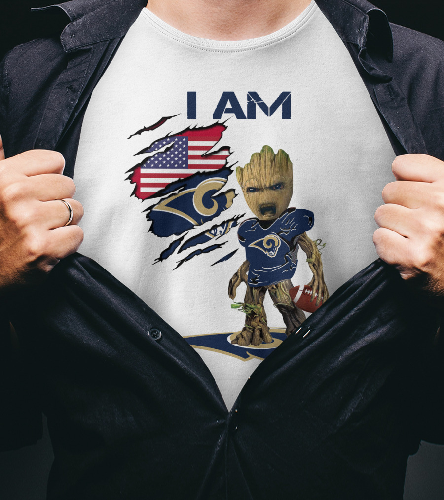 I AM Rams Baby Groot Football USA Flag T-Shirt