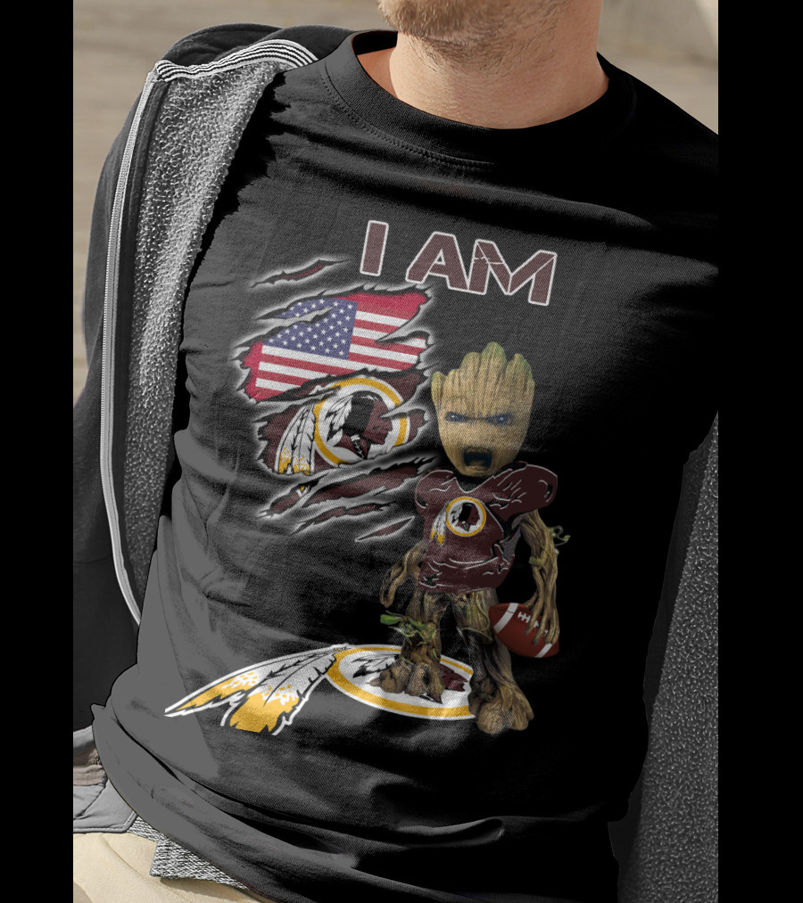 I Am Redskins Baby Groot Football American Flag T-Shirt