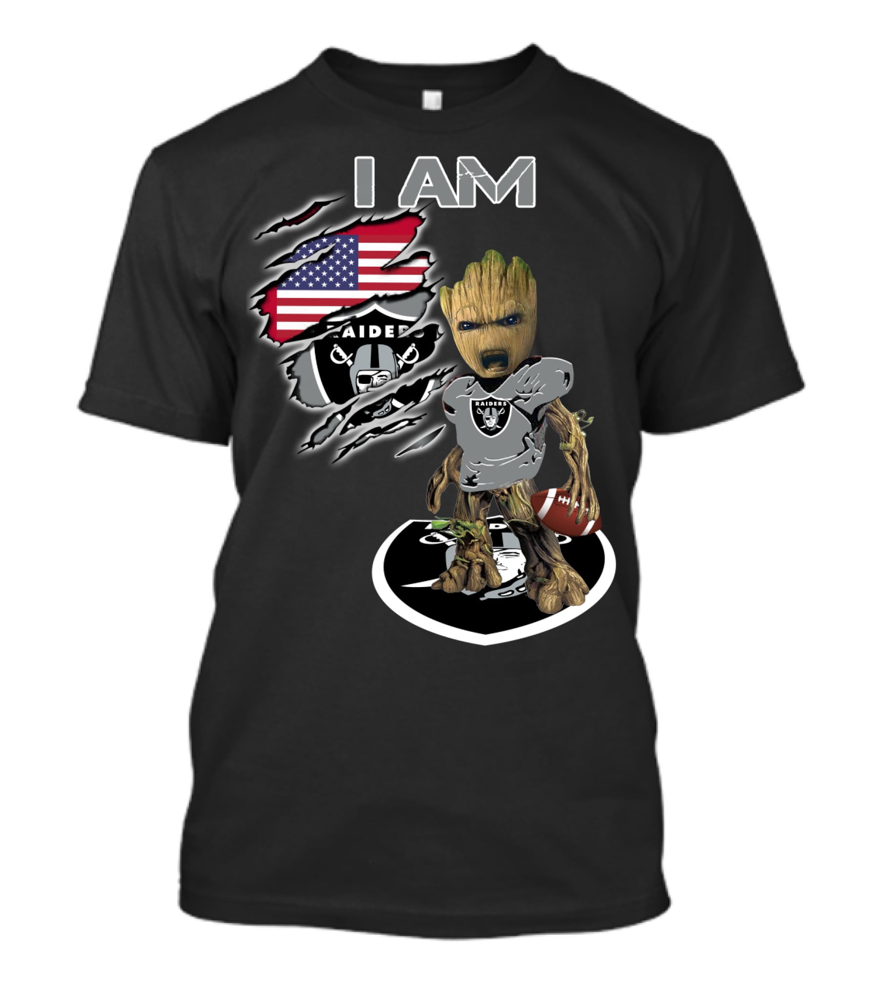 I AM Raiders Baby Groot American Flag Football T-Shirt