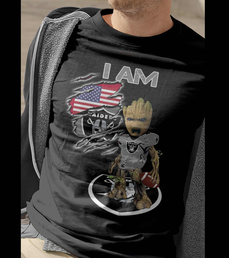 I AM Raiders Baby Groot American Flag Football T-Shirt