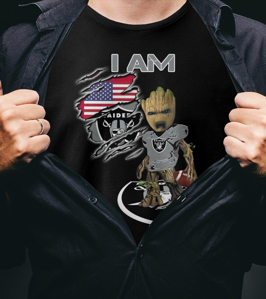 I AM Raiders Baby Groot American Flag Football T-Shirt