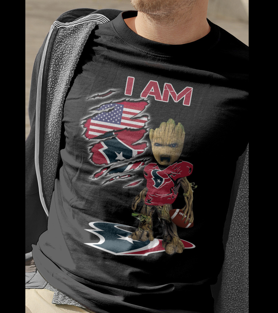 I Am Texans Baby Groot American Flag Football Fan T-Shirt