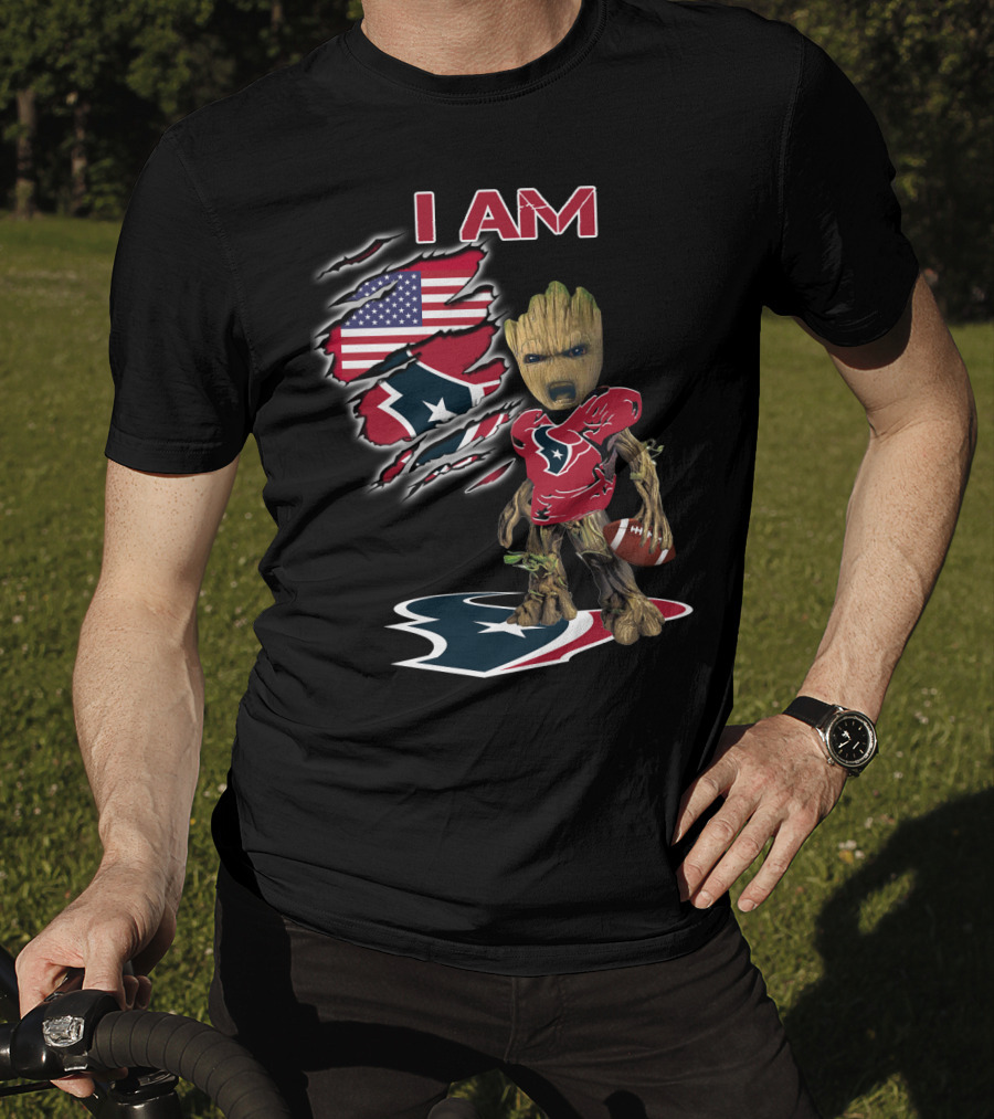 I Am Texans Baby Groot American Flag Football Fan T-Shirt
