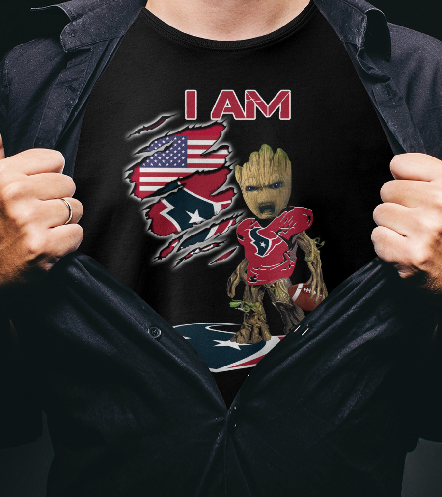 I Am Texans Baby Groot American Flag Football Fan T-Shirt