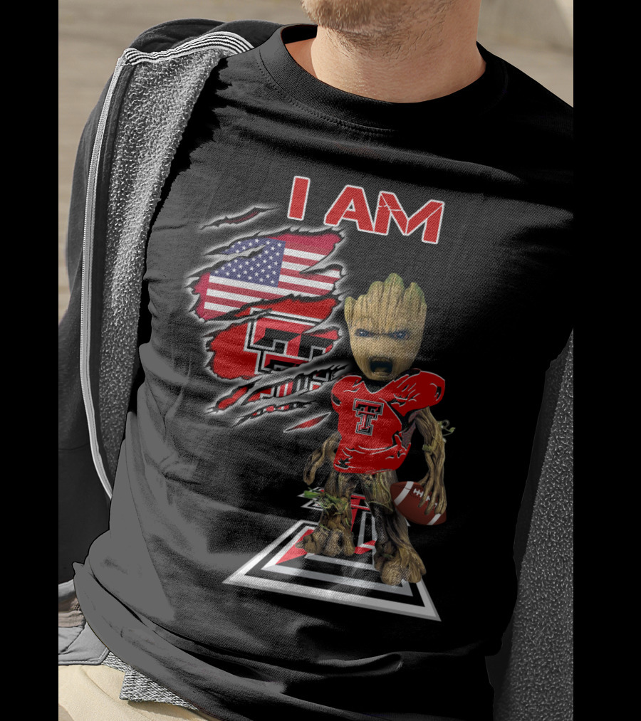 I AM Texas Tech Football American Flag Baby Groot T-Shirt