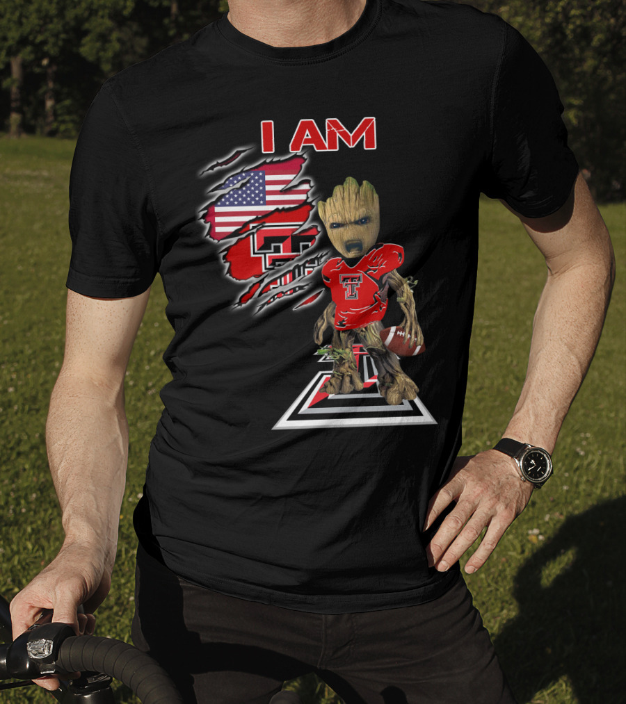 I AM Texas Tech Football American Flag Baby Groot T-Shirt