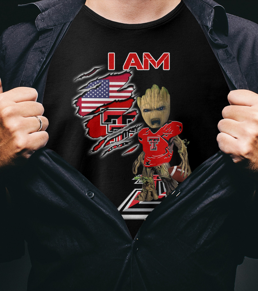 I AM Texas Tech Football American Flag Baby Groot T-Shirt
