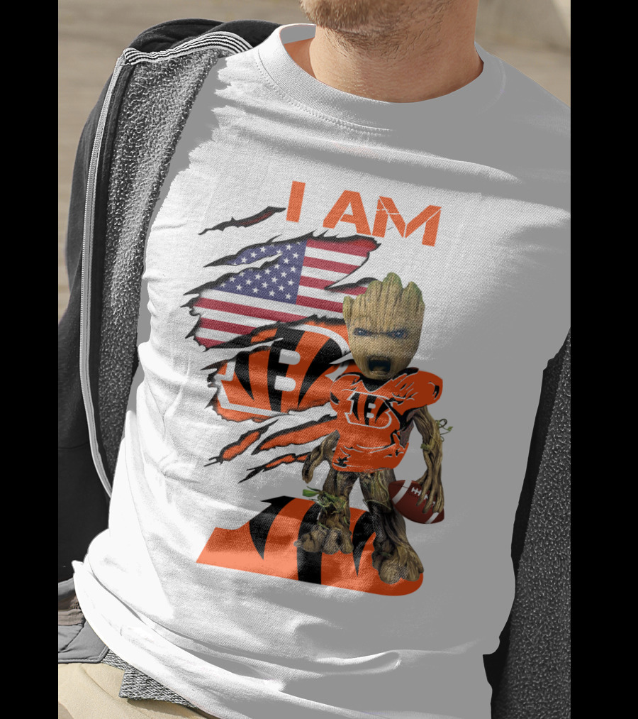 I AM Bengals Baby Groot Football USA Flag T-Shirt