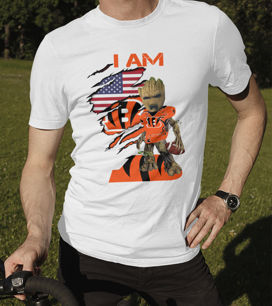 I AM Bengals Baby Groot Football USA Flag T-Shirt
