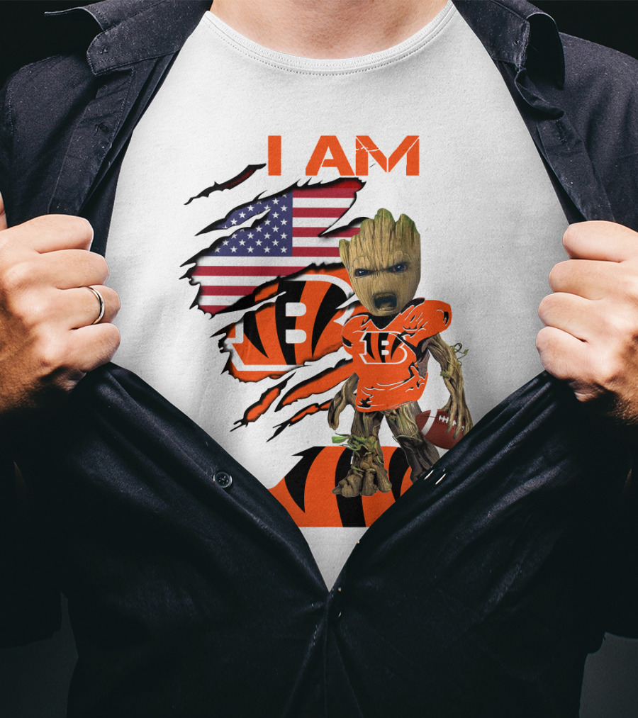 I AM Bengals Baby Groot Football USA Flag T-Shirt