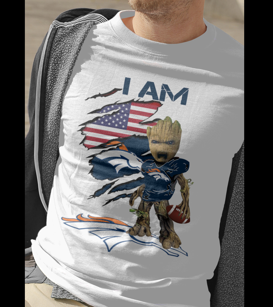I Am Broncos Baby Groot American Flag Football T-Shirt