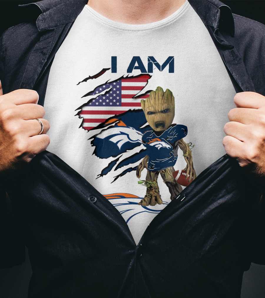 I Am Broncos Baby Groot American Flag Football T-Shirt
