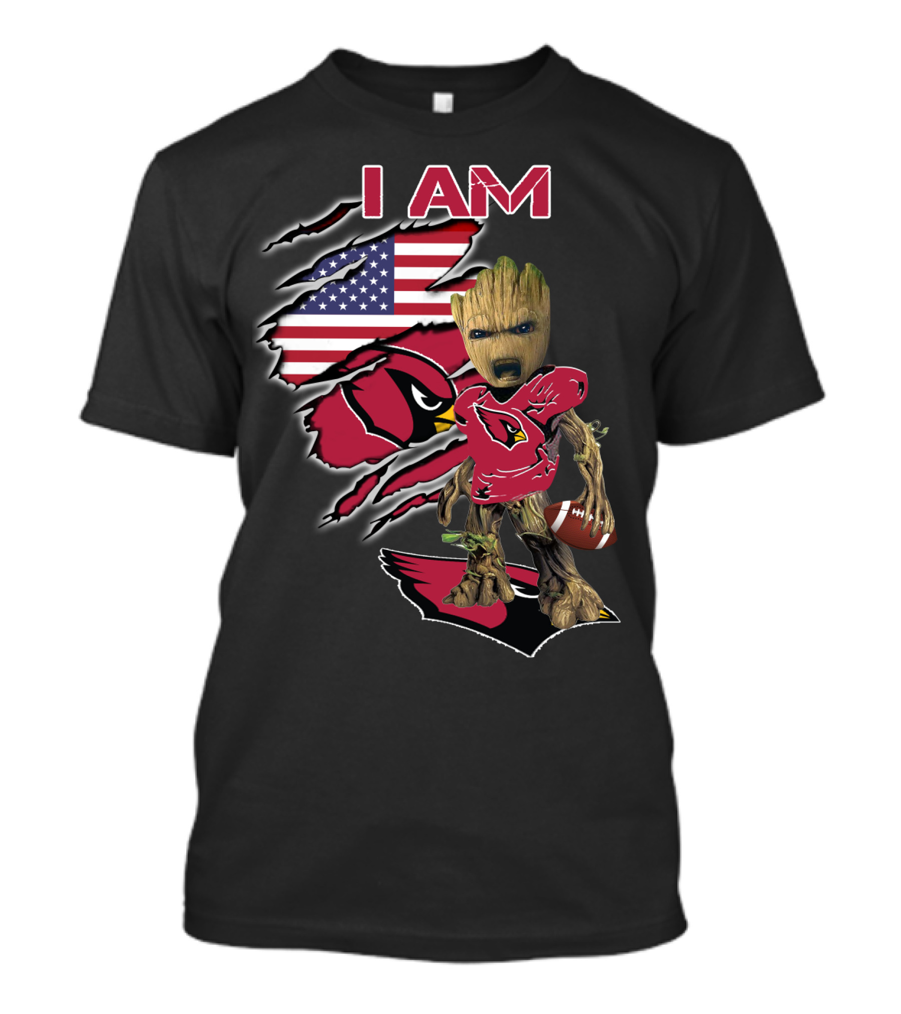 I Am Arizona Cardinals Baby Groot American Flag T-Shirt