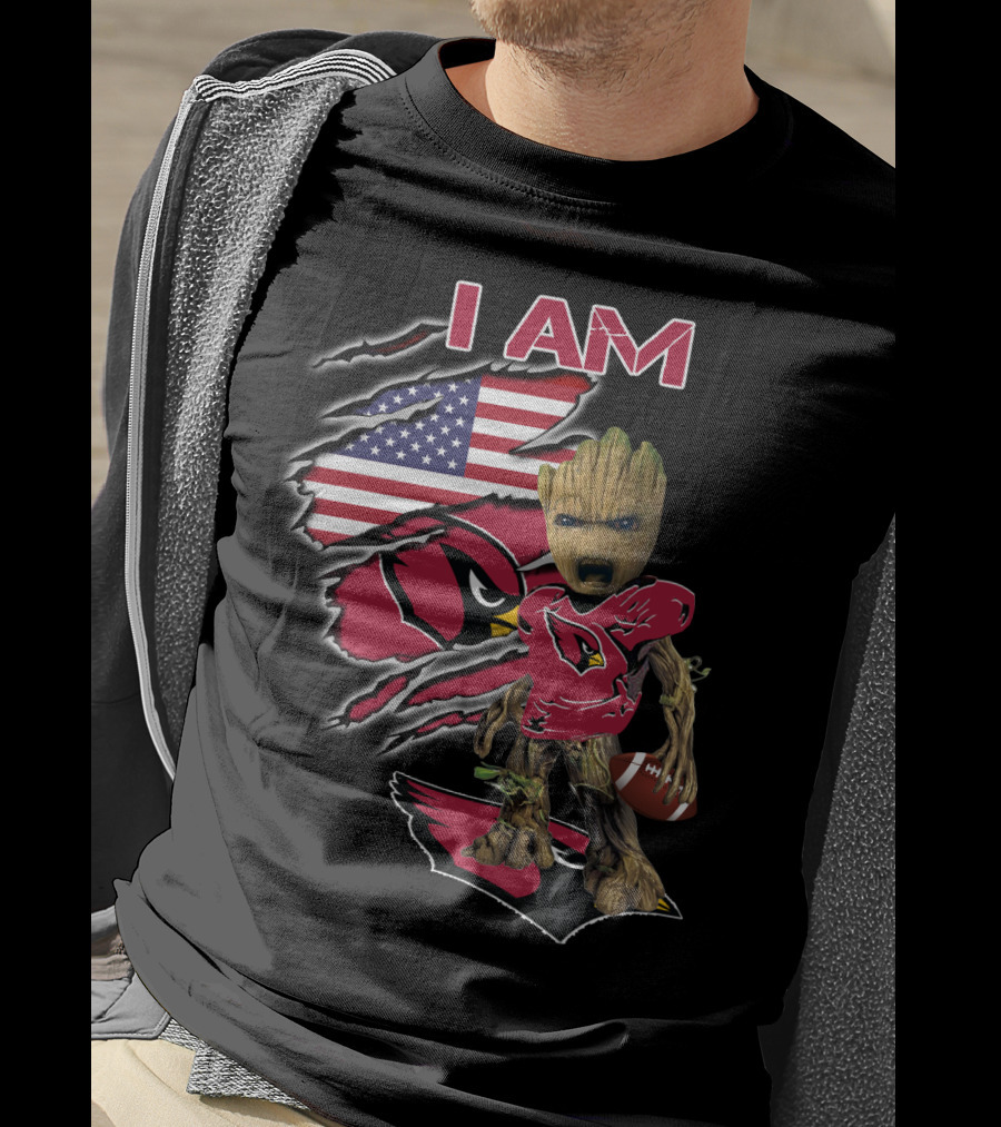 I Am Arizona Cardinals Baby Groot American Flag T-Shirt