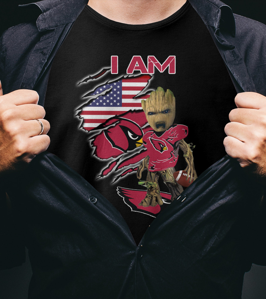 I Am Arizona Cardinals Baby Groot American Flag T-Shirt