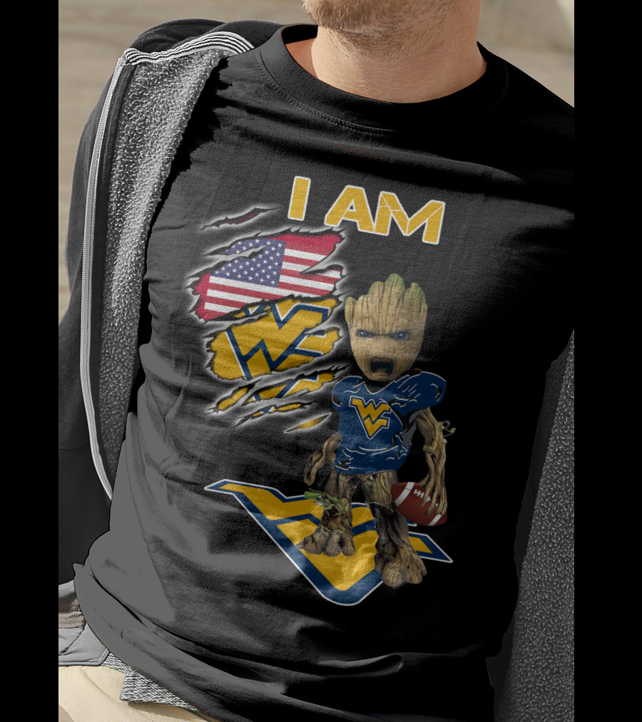 I AM West Virginia Mountaineers Baby Groot Football Fan USA Flag T-Shirt