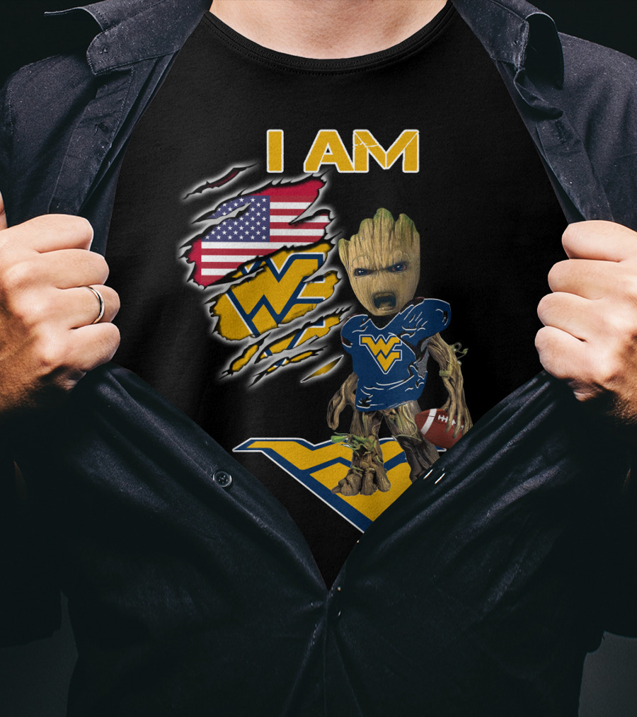 I AM West Virginia Mountaineers Baby Groot Football Fan USA Flag T-Shirt