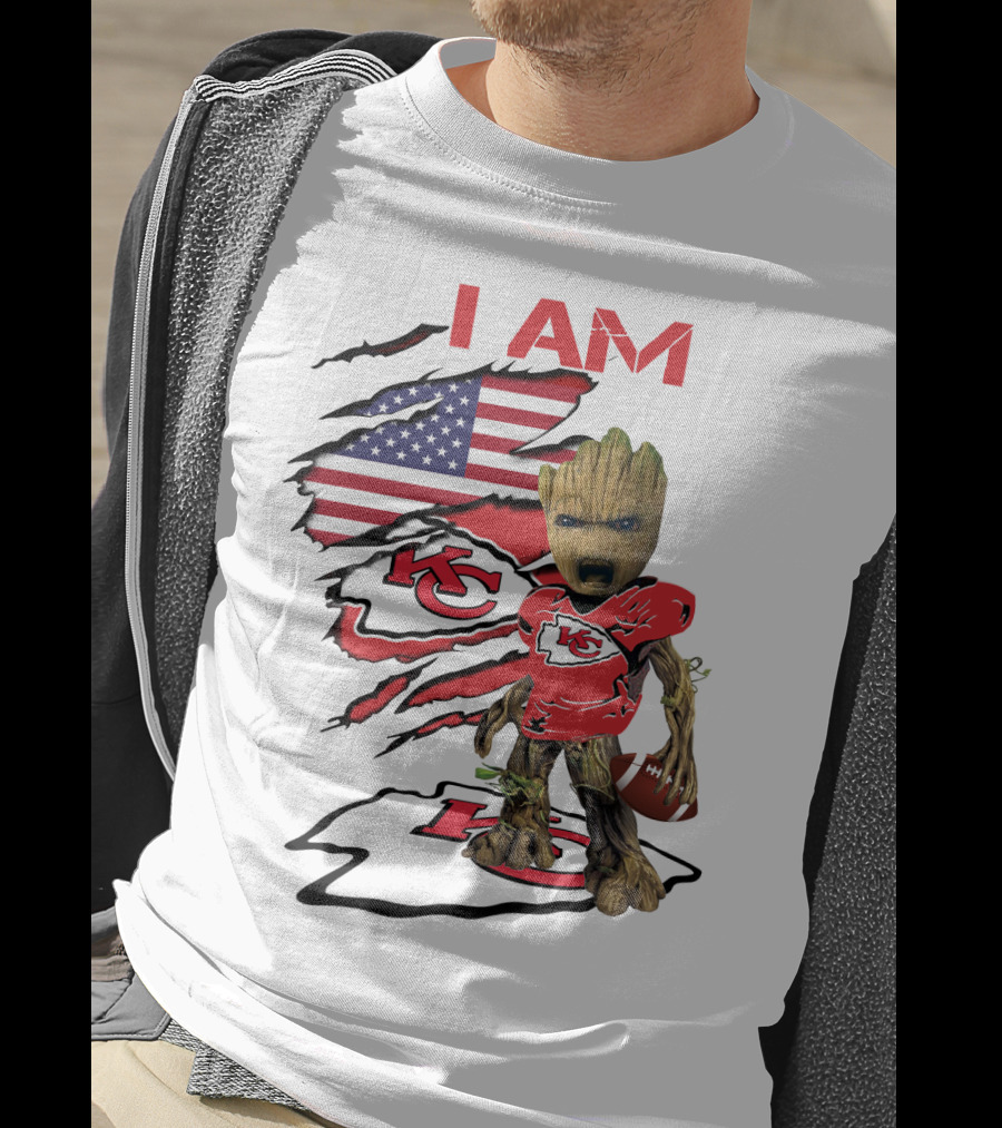 I Am Chiefs Baby Groot American Flag Football KC T-Shirt