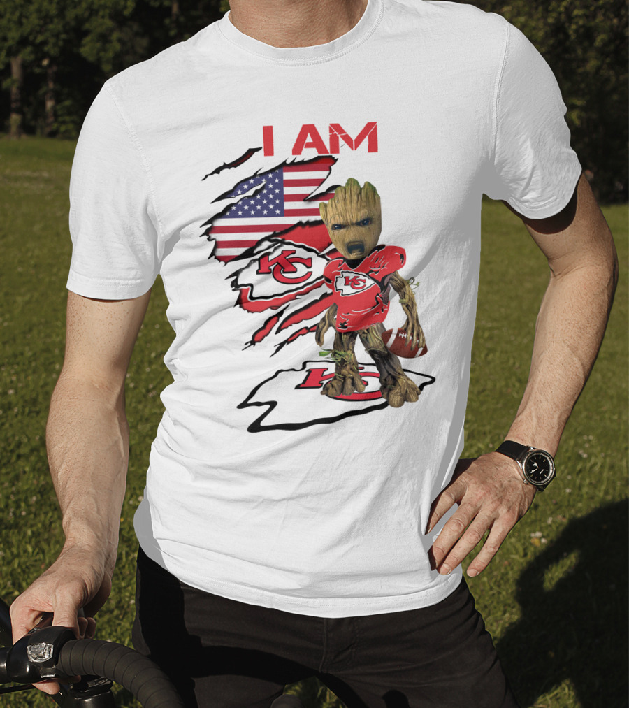 I Am Chiefs Baby Groot American Flag Football KC T-Shirt