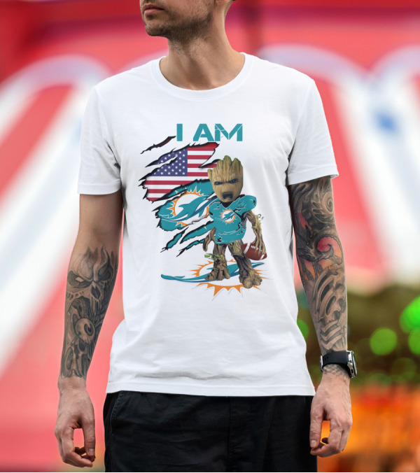 Premium T-Shirt: I Am Miami Dolphins Baby Groot American Flag Football T-Shirt I Am Miami Dolphins Baby Groot American Flag Football T-Shirt