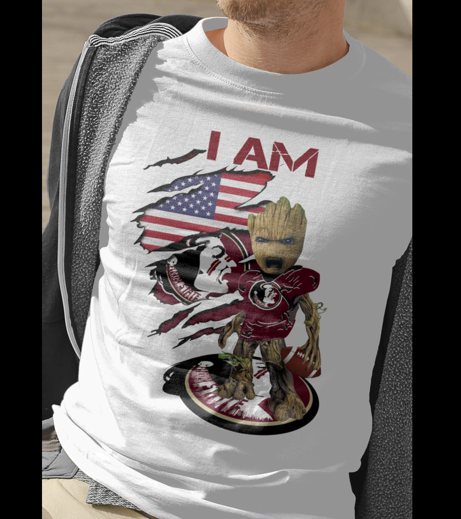 I Am Florida State University Baby Groot With American Flag And Football T-Shirt