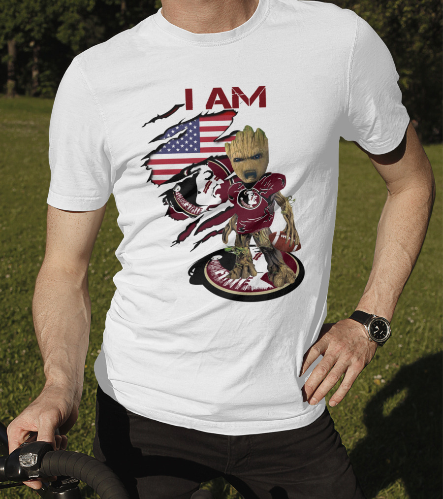 I Am Florida State University Baby Groot With American Flag And Football T-Shirt