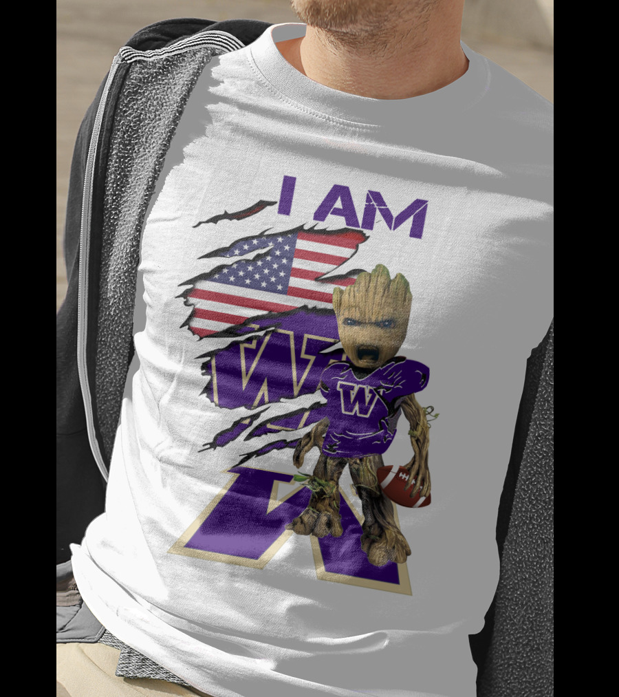 I AM Hukies W Baby Groot Football American Flag T-Shirt