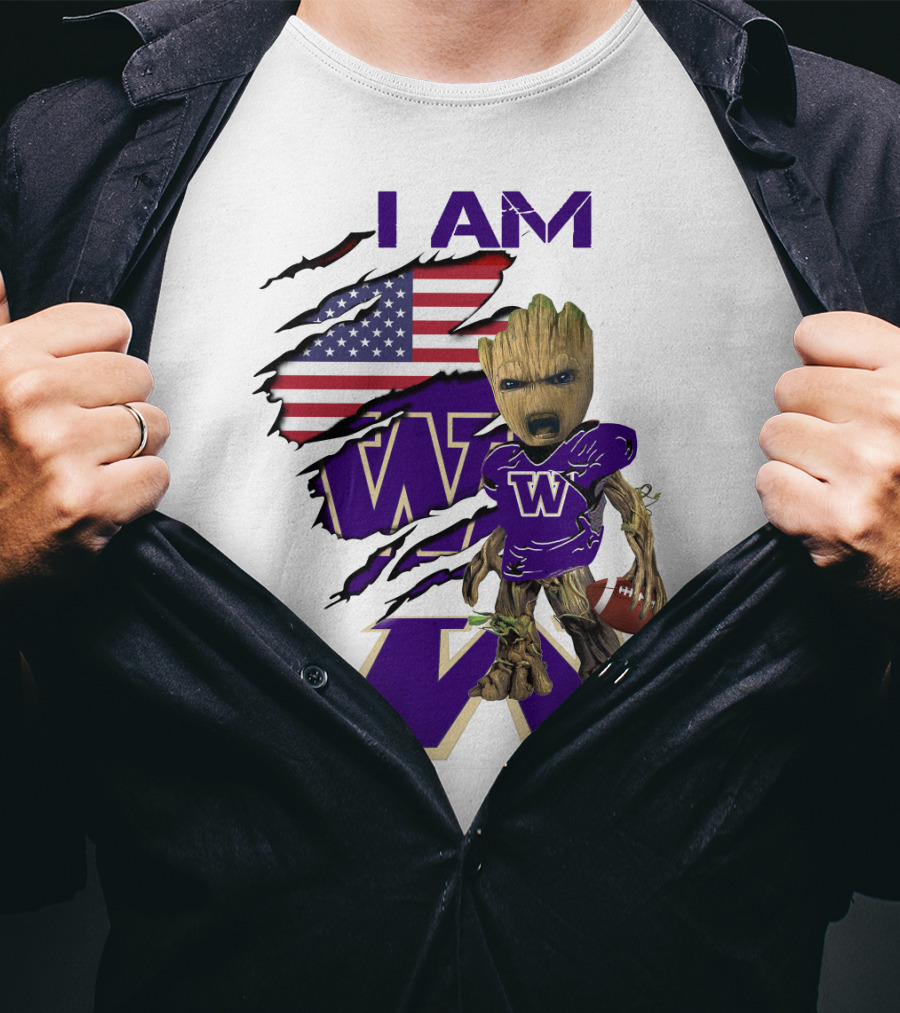 I AM Hukies W Baby Groot Football American Flag T-Shirt