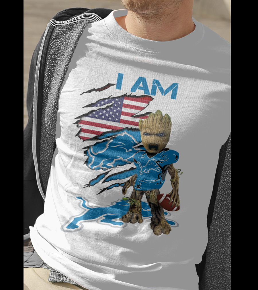 I AM Lions Baby Groot Football American Flag T-Shirt