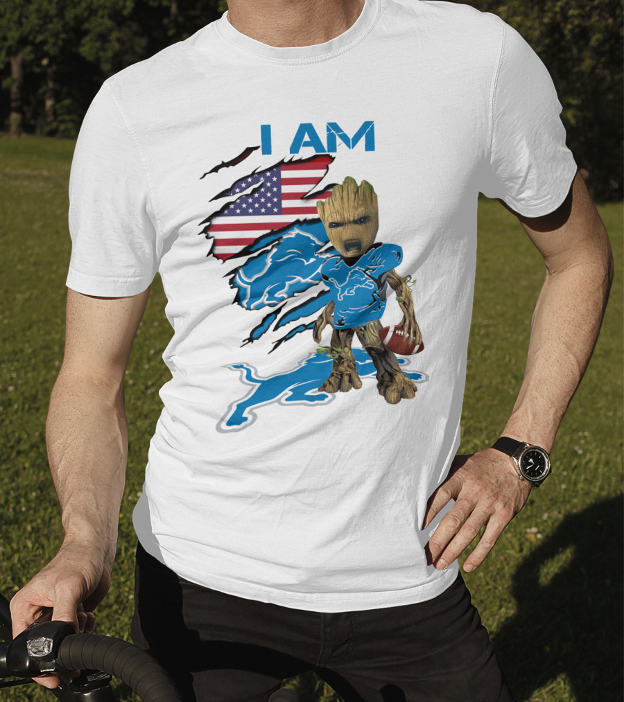 I AM Lions Baby Groot Football American Flag T-Shirt