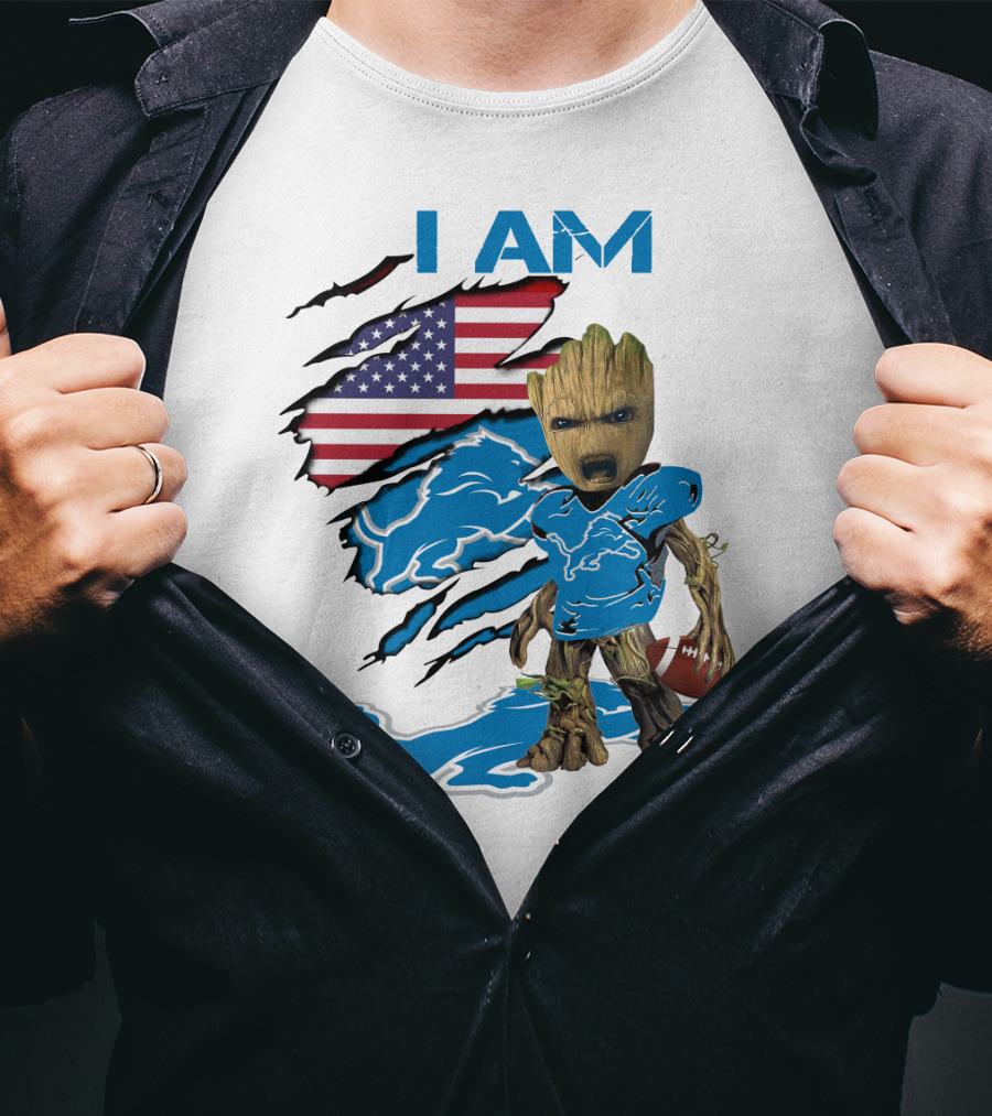 I AM Lions Baby Groot Football American Flag T-Shirt