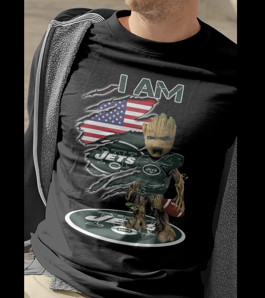 I Am Jets Baby Groot American Flag Football T-Shirt