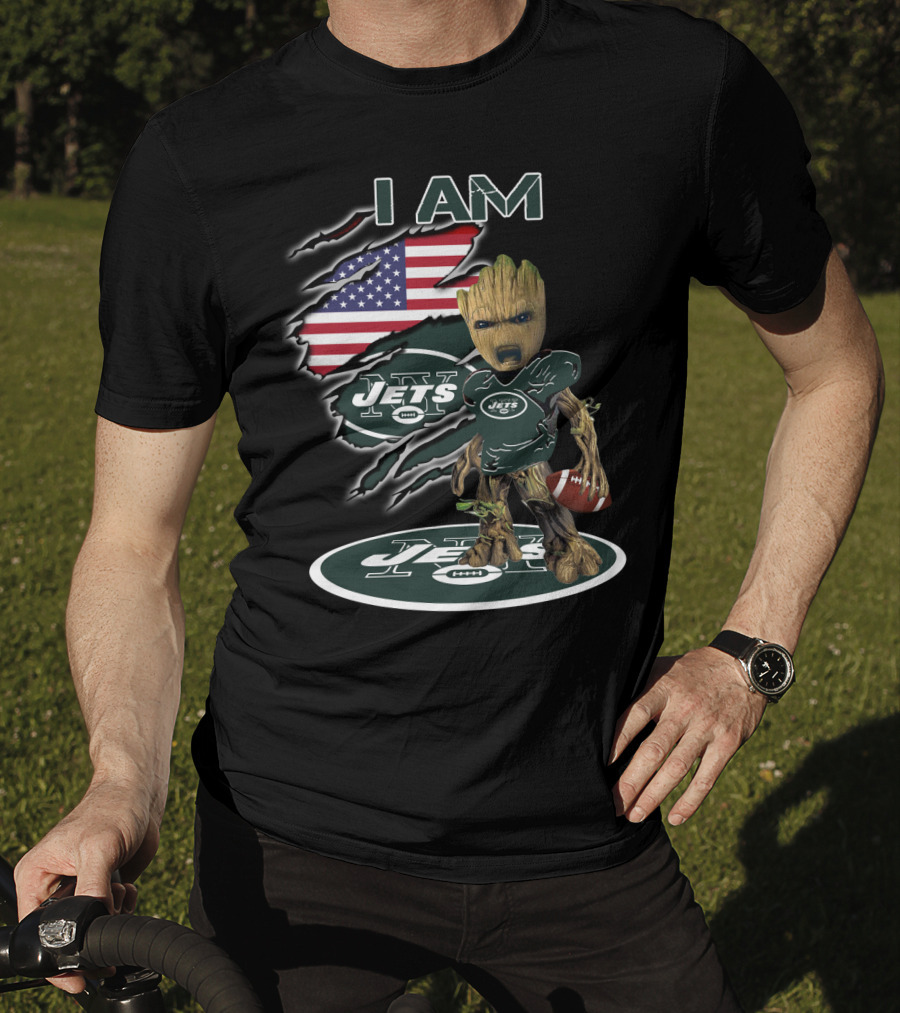 I Am Jets Baby Groot American Flag Football T-Shirt