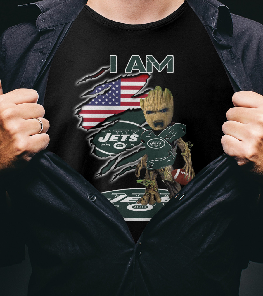 I Am Jets Baby Groot American Flag Football T-Shirt