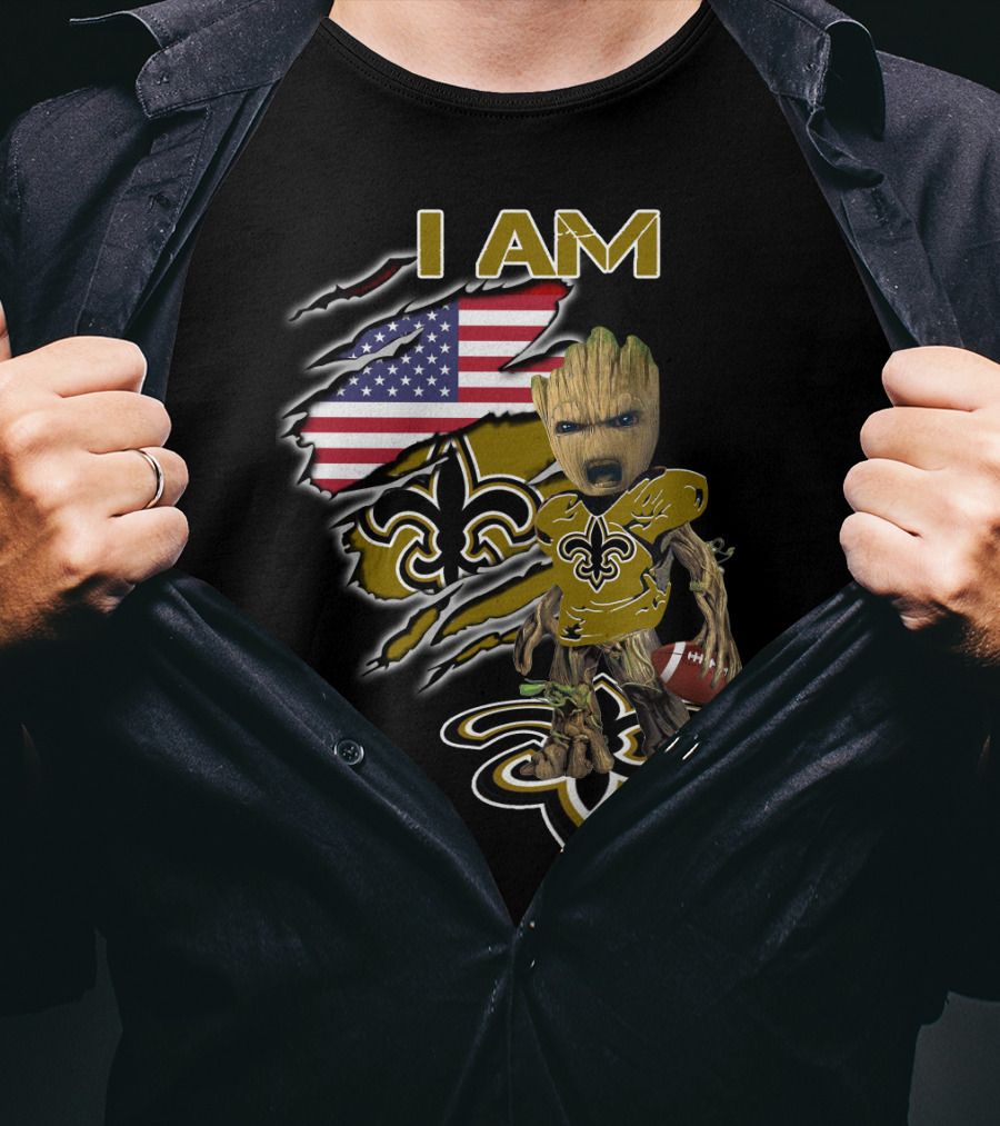 I Am Saints Baby Groot American Flag Football Fleur De Lis T-Shirt