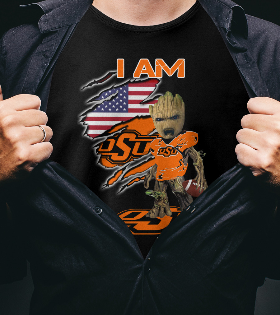 I Am OSU Baby Groot Football American Flag T-Shirt