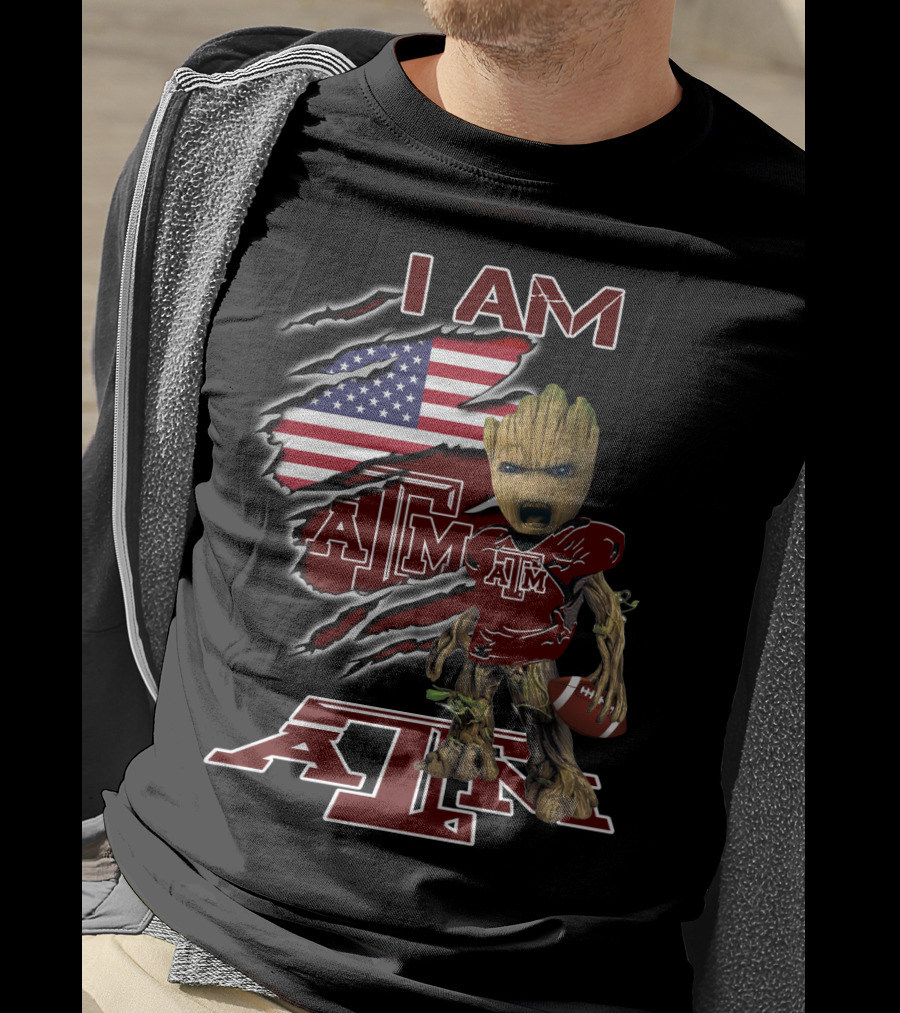 I AM ATM Baby Groot American Flag Football T-Shirt