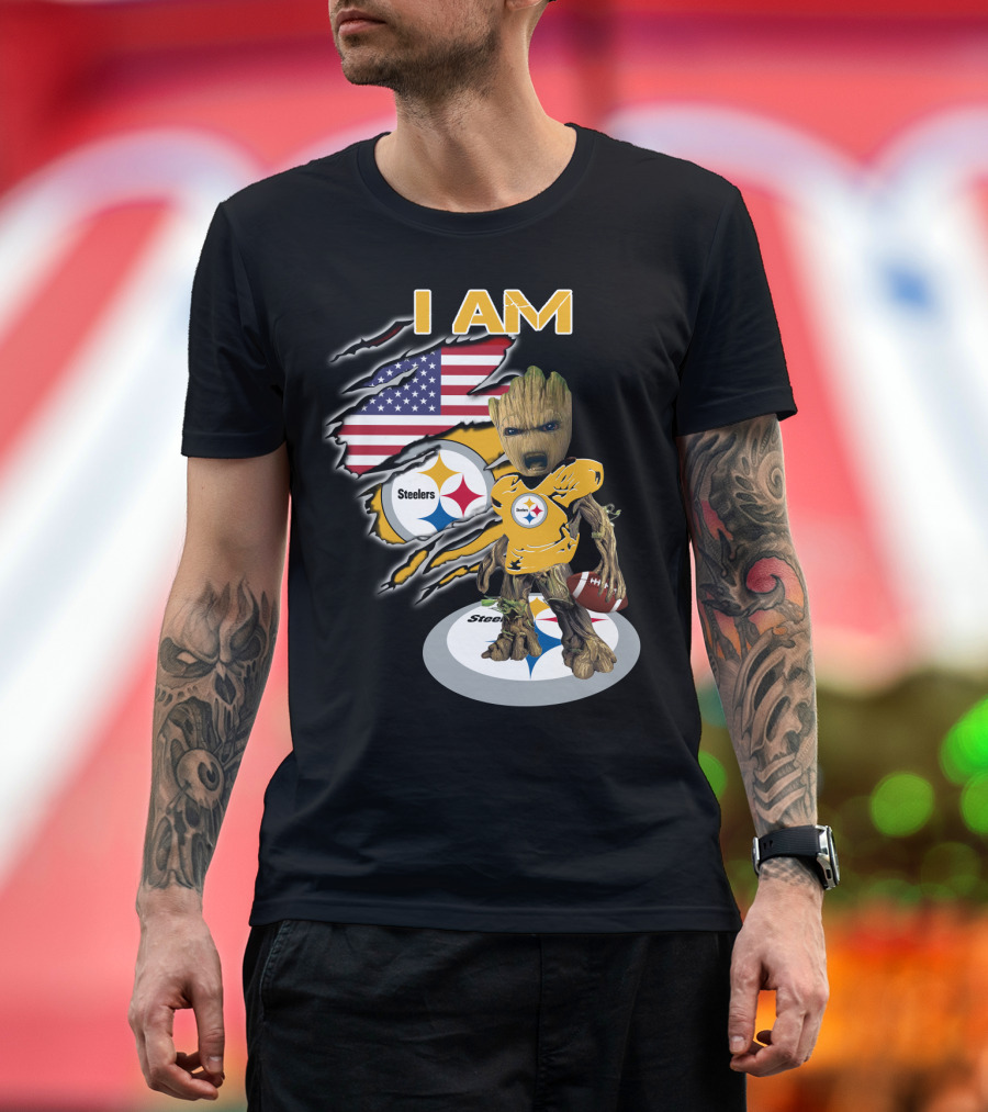 I Am Steelers Baby Groot American Flag Football Nfl Character T-Shirt