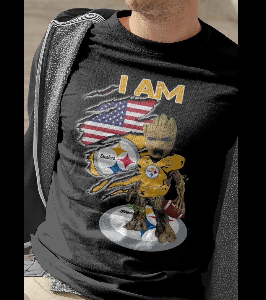 I Am Steelers Baby Groot American Flag Football Nfl Character T-Shirt