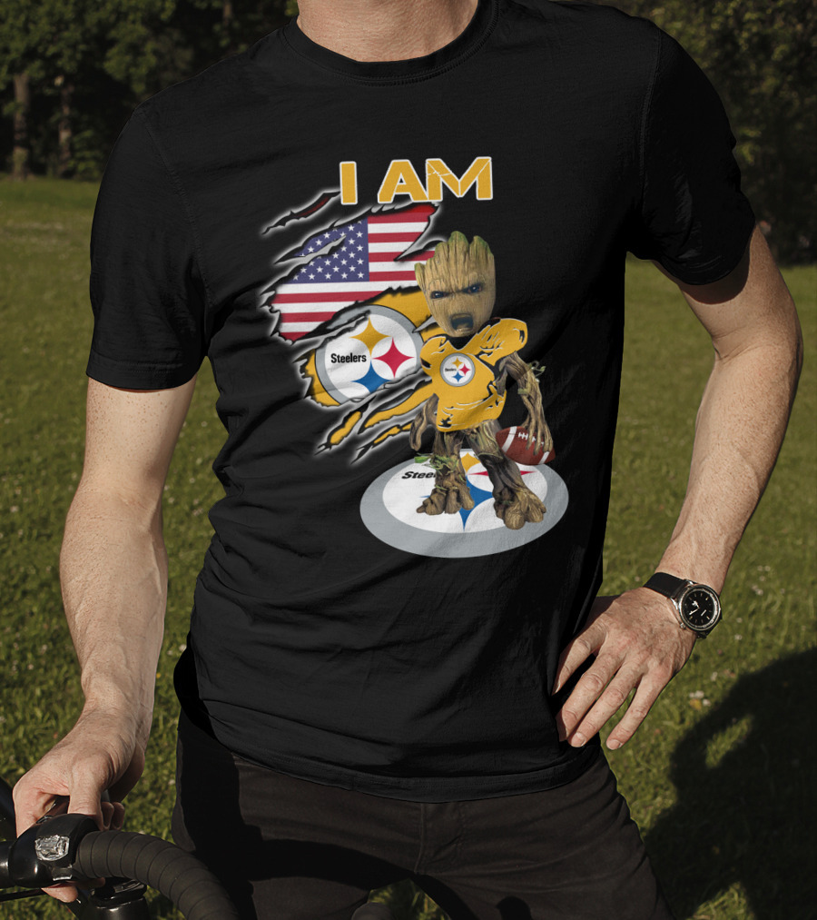 I Am Steelers Baby Groot American Flag Football Nfl Character T-Shirt