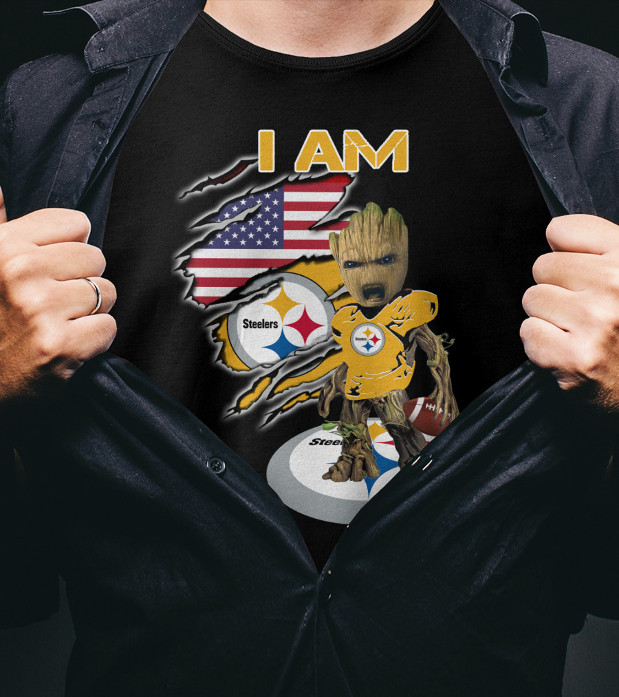 I Am Steelers Baby Groot American Flag Football Nfl Character T-Shirt