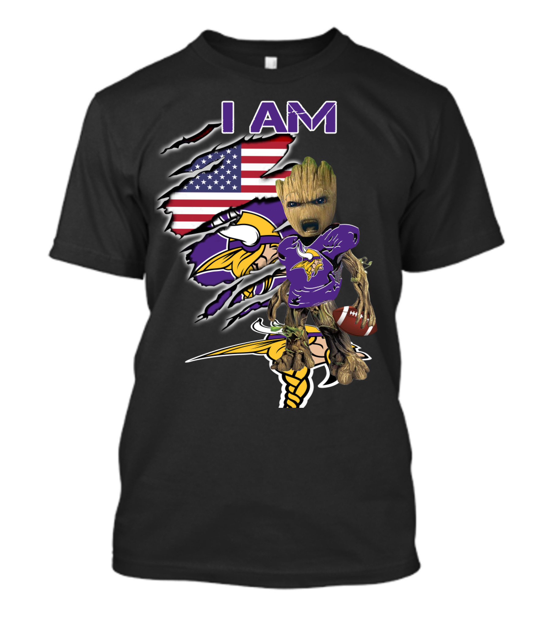 I AM Vikings Baby Groot American Flag Football T-Shirt